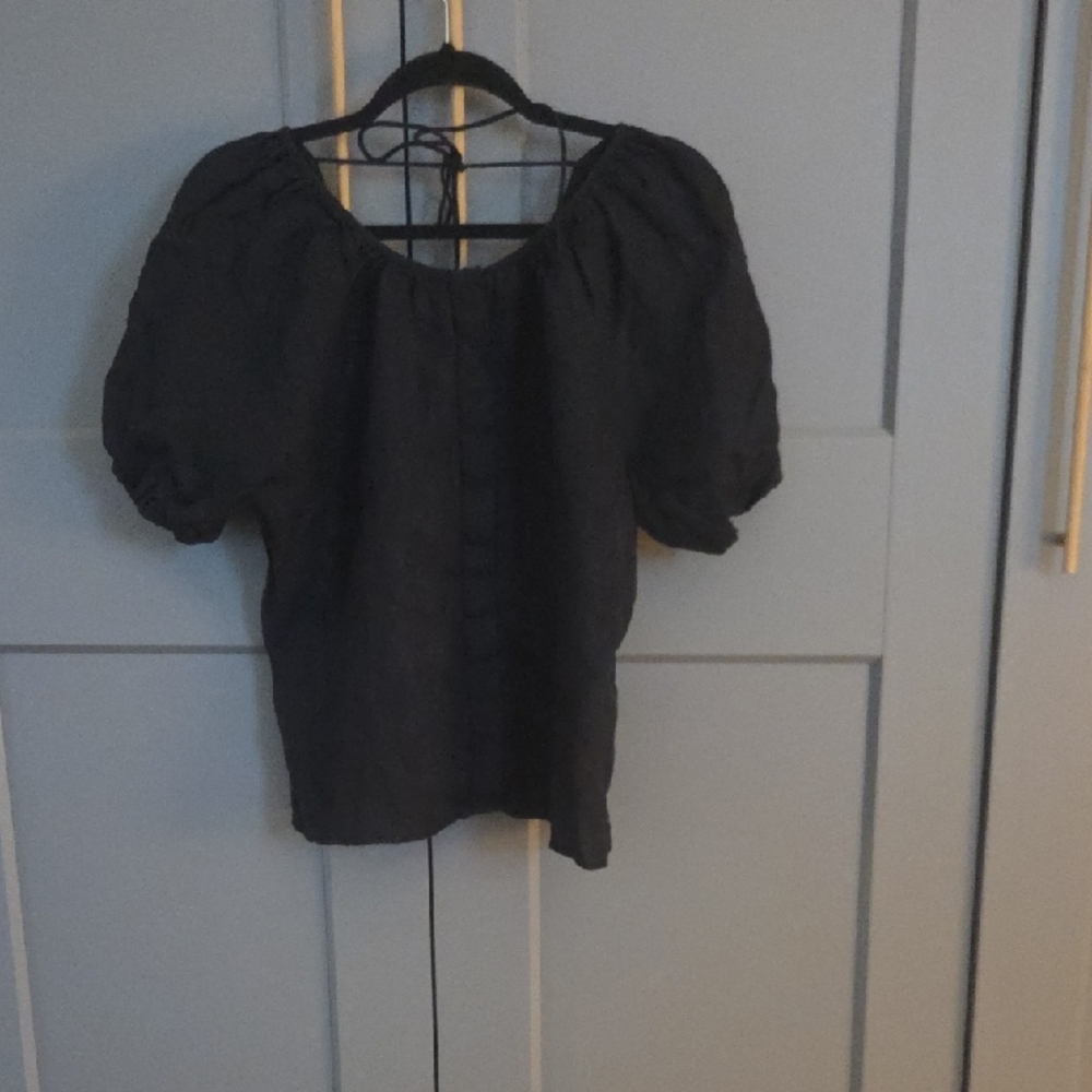 J. Crew Linen Chic Black Puff Sleeve  Blouse